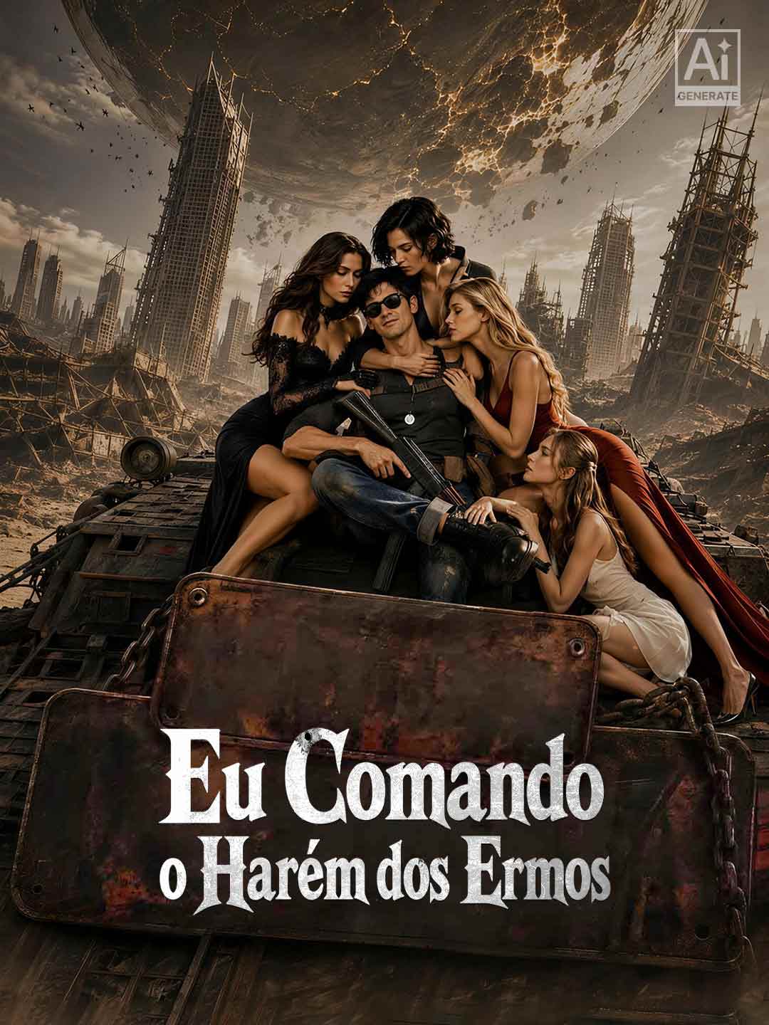 Capa de Eu Comando o Harém dos Ermos: Wade, de óculos escuros e fuzil no colo, sentado sobre um veículo blindado enferrujado com quatro mulheres em volta, uma de vestido de renda preta, uma morena de cabelo curto, uma loira de vestido vermelho e uma de vestido branco aos pés dele, diante de uma cidade em ruínas com um planeta rachado no céu