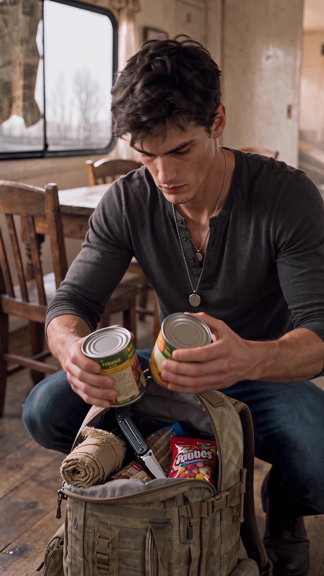 Wade sentado, de camisa cinza e colar de medalha, tirando duas latas de comida de uma mochila tática aberta no chão, com um canivete, uma manta enrolada e um pacote de balas dentro; mesa e cadeiras de madeira atrás