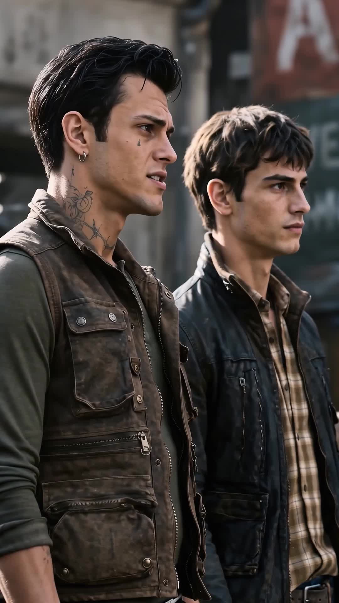 Dois homens jovens de perfil numa rua: um de cabelo preto penteado para trás, brinco de argola e tatuagem no pescoço, de colete marrom sobre camisa verde; o outro de cabelo castanho, jaqueta preta sobre camisa xadrez