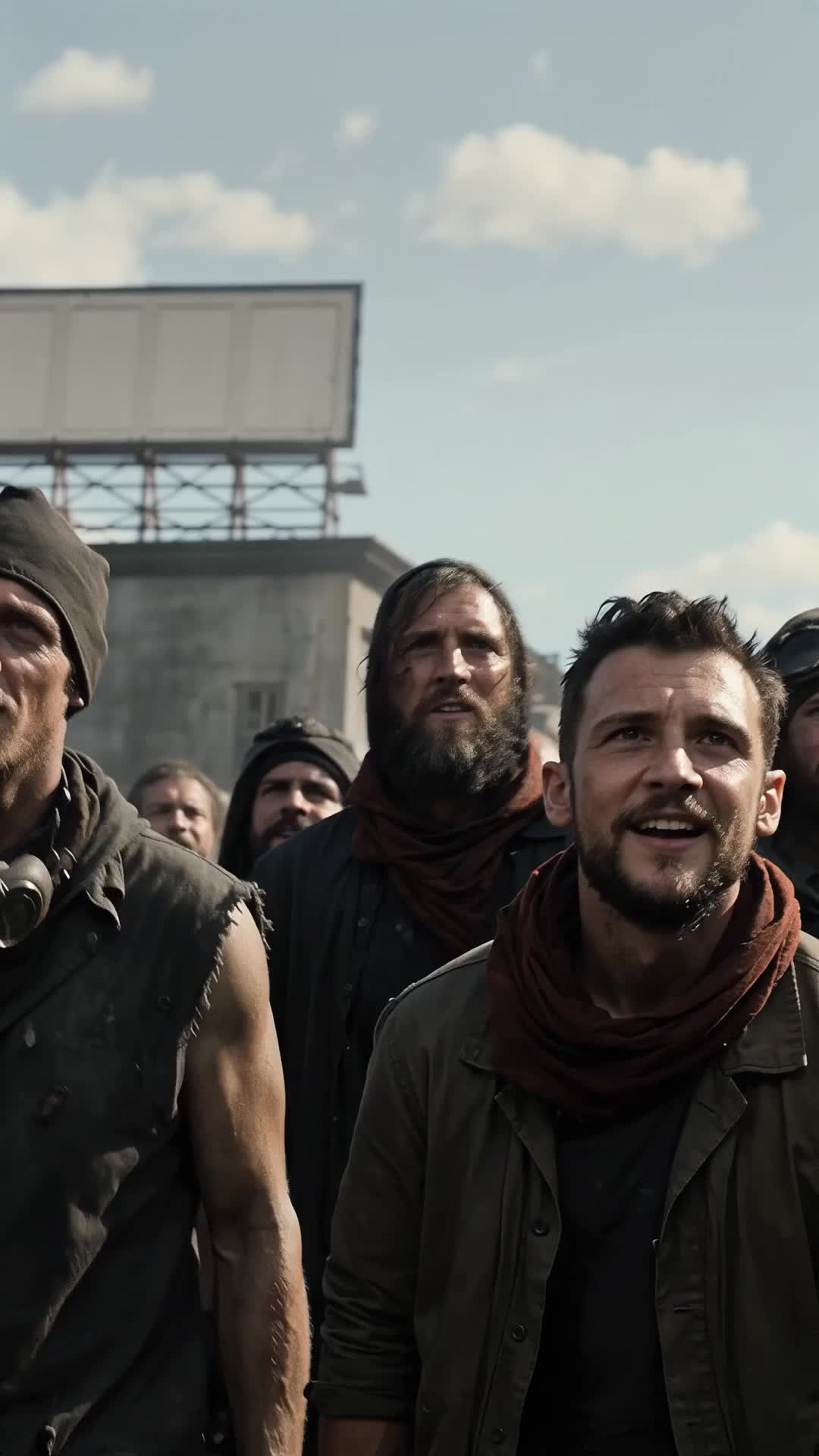 Multidão de homens maltrapilhos num terreno aberto sob um outdoor em branco: um de gorro e colete rasgado, outro barbudo de lenço vermelho, outro sorrindo, todos olhando para cima