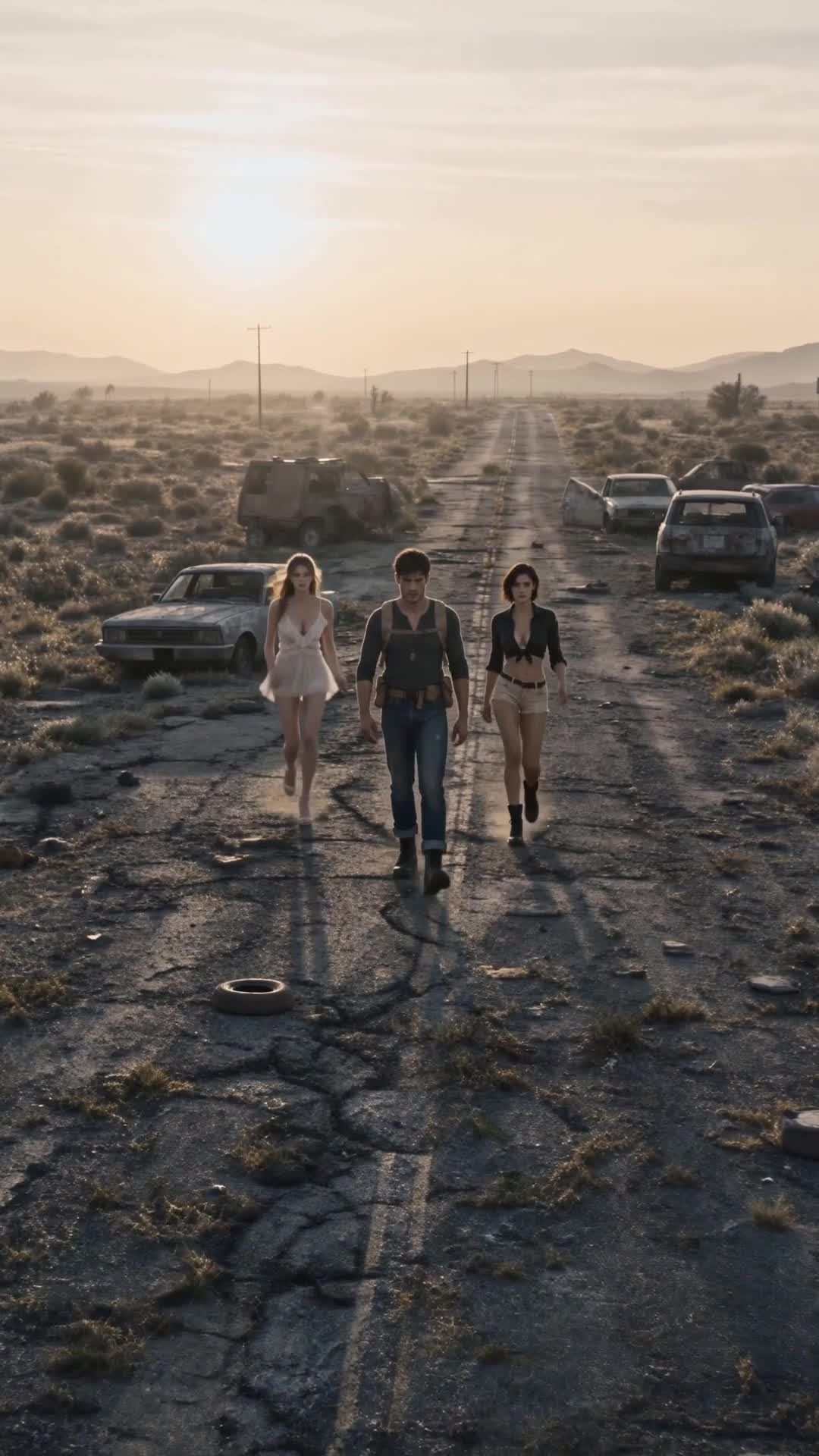 Wade caminha no meio de uma estrada rachada no deserto, entre uma loira de vestido branco curto e uma morena de cabelo curto de blusa preta amarrada e shorts; carros abandonados e postes ao fundo, sol baixo