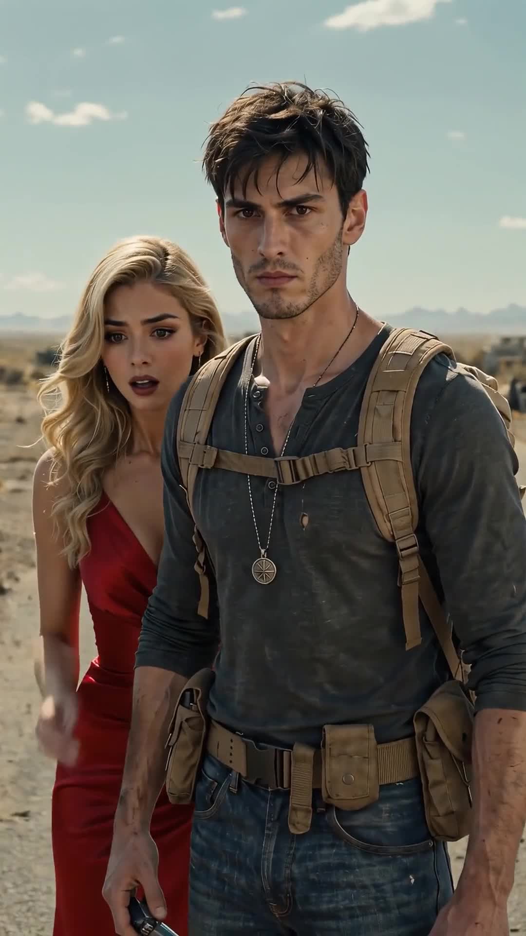 Wade de camisa cinza, mochila tática e colar de medalha olhando à frente com cara séria, enquanto uma loira de vestido vermelho, atrás dele, arregala os olhos e abre a boca; deserto e céu azul ao fundo