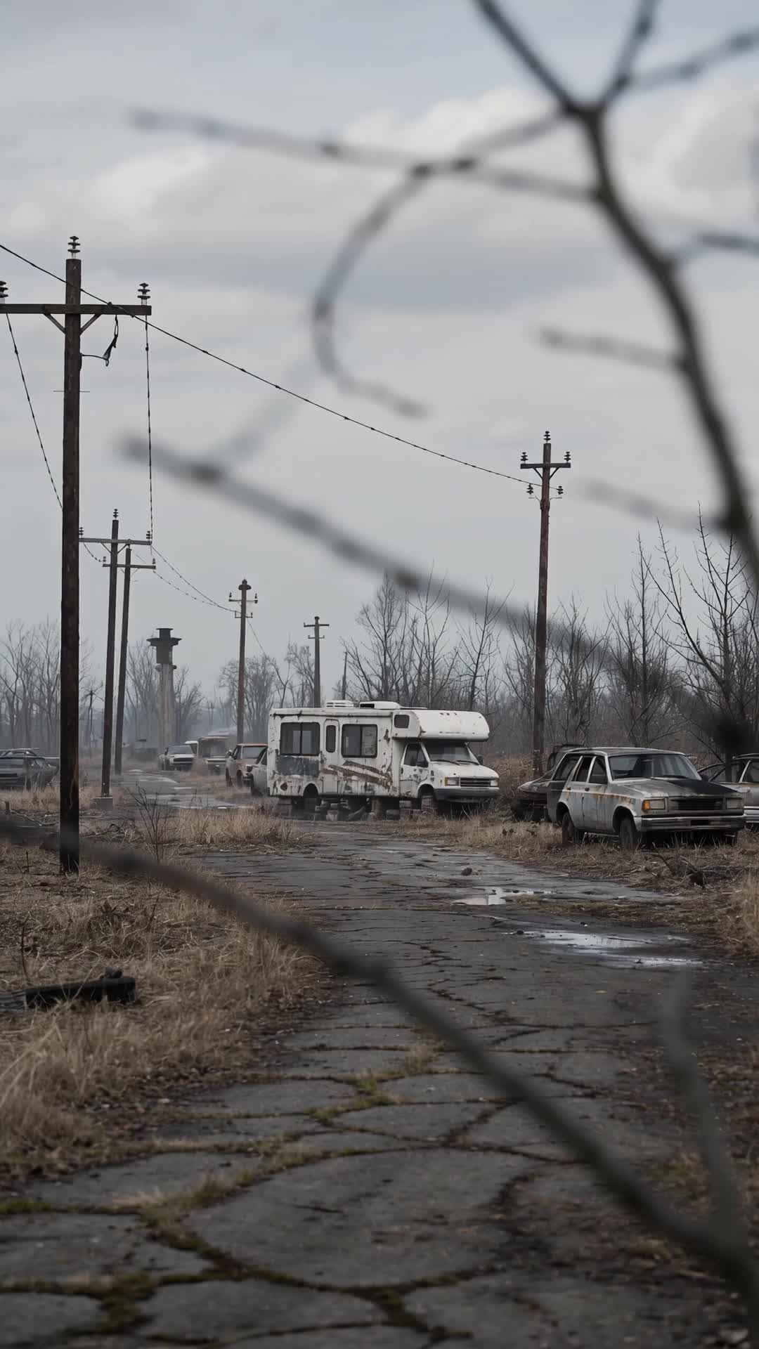 Estrada rachada com postes de luz caídos, um trailer branco enferrujado e carros abandonados no mato seco, vista por entre galhos secos, sob céu nublado