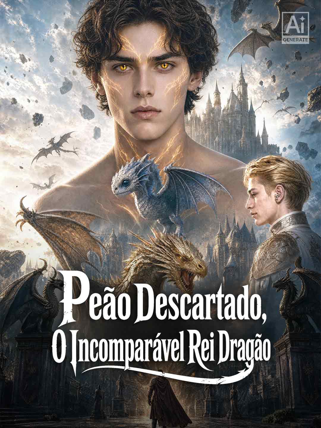 Capa de Peão Descartado, O Incomparável Rei Dragão: Owen Hale com marcas douradas no rosto e olhos amarelos, o pequeno dragão Akira à frente, Ellis Hale de perfil e um castelo cercado de dragões