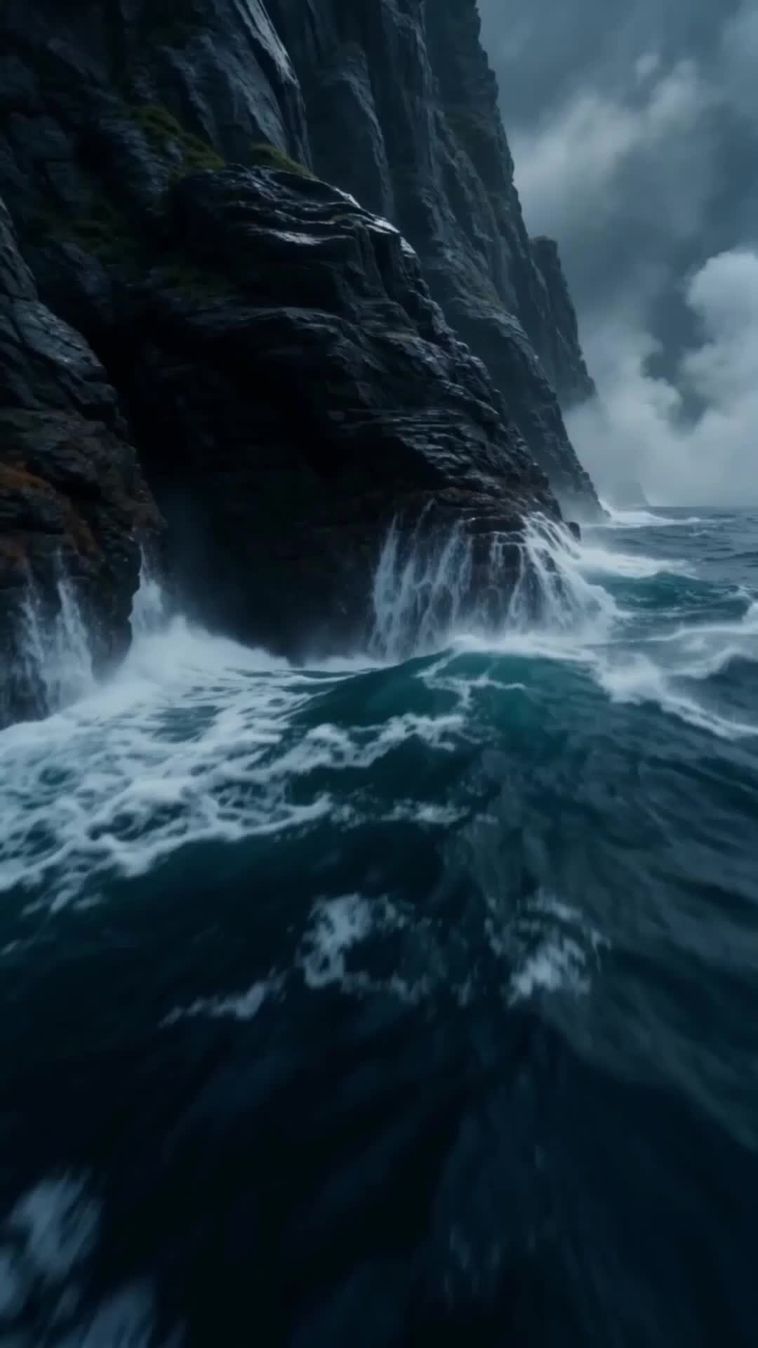 Falésias escuras e mar revolto sob um céu de tempestade