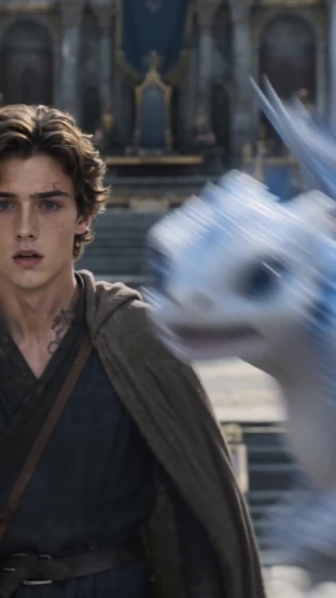 Owen Hale surpreso com Akira, um pequeno dragão azul-prateado, voando ao lado dele
