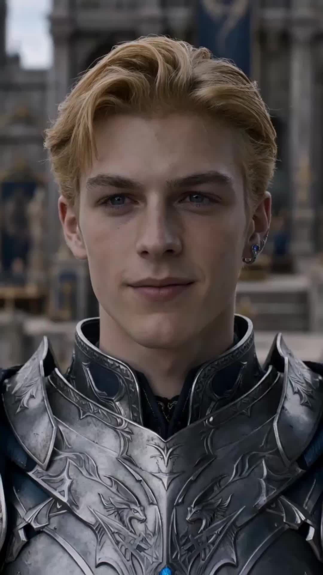 Ellis Hale sorrindo, em close, de armadura prateada com relevo de dragões