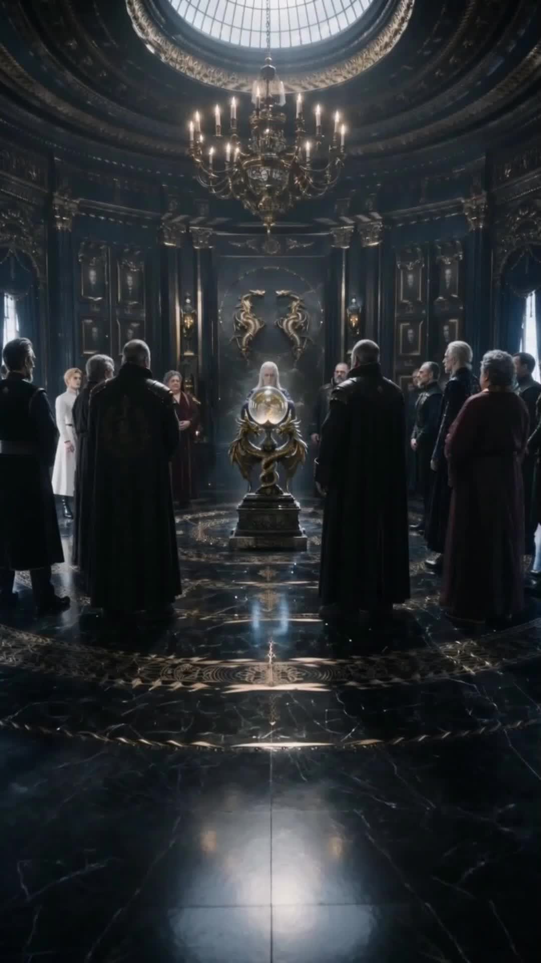 Salão escuro com cúpula, anciãos de manto em círculo e um orbe de cristal brilhando sobre um pedestal dourado em forma de dragão