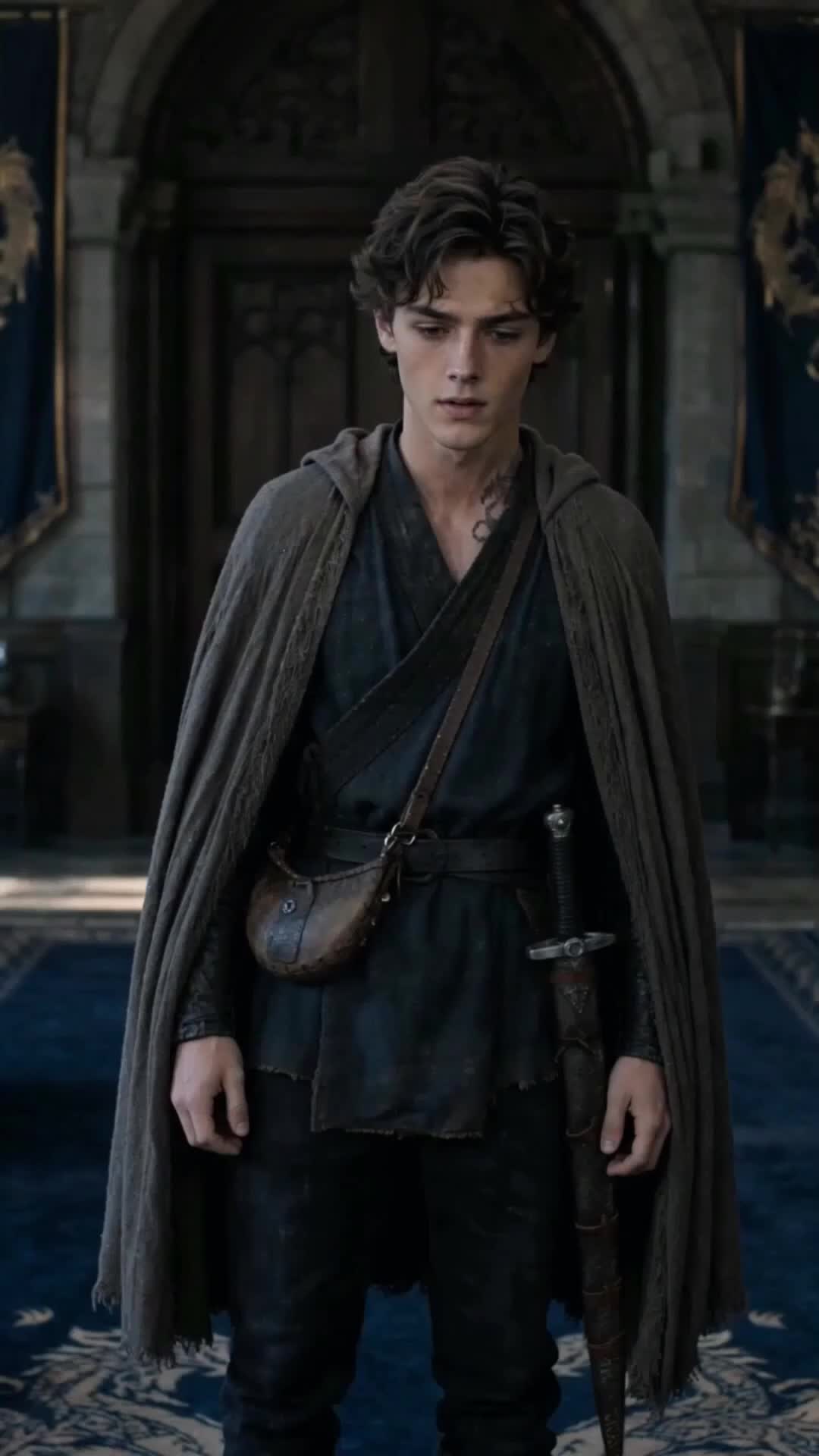 Owen Hale, jovem de cabelo escuro, capa cinza, espada na cintura e uma marca de dragão no peito, num salão com estandartes azuis