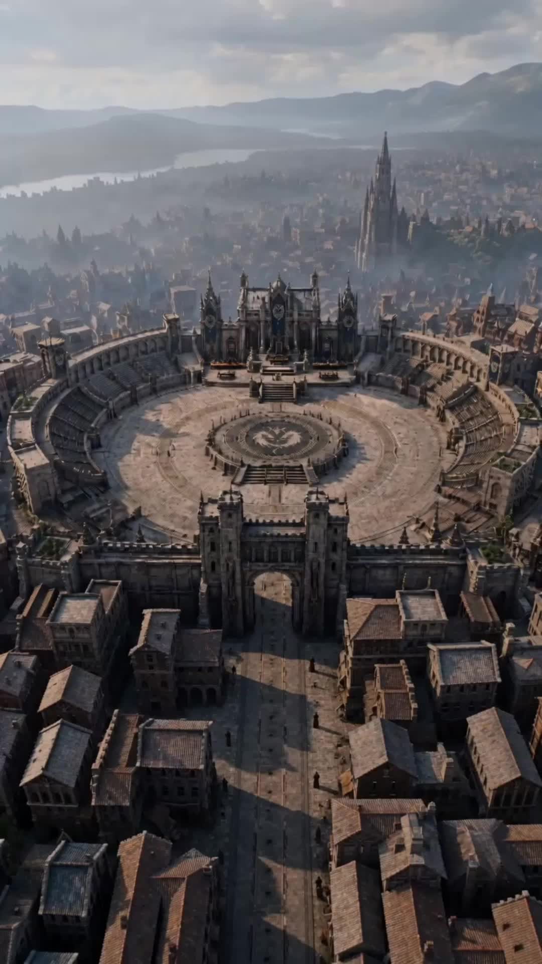 Vista aérea de uma arena circular de pedra com um emblema de dragão no centro, cercada pela cidade