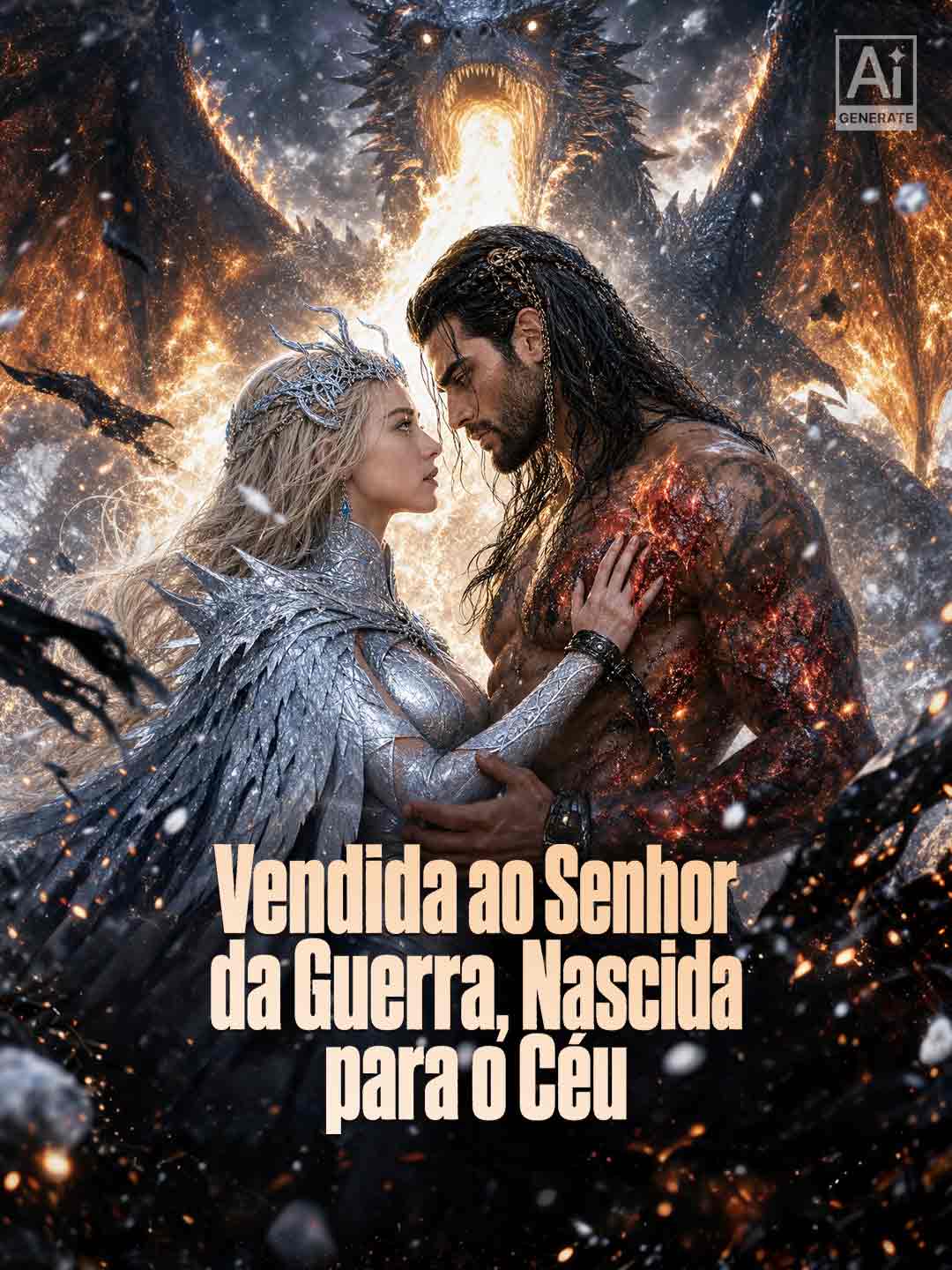 Capa de Vendida ao Senhor da Guerra, Nascida Para o Céu: Cassia, de coroa prateada e vestido de escamas de prata, frente a frente com Ravek, de cabelo preto comprido, torso nu marcado por veios de fogo e bracelete de ferro no pulso, com um dragão negro cuspindo fogo atrás dos dois, sob neve