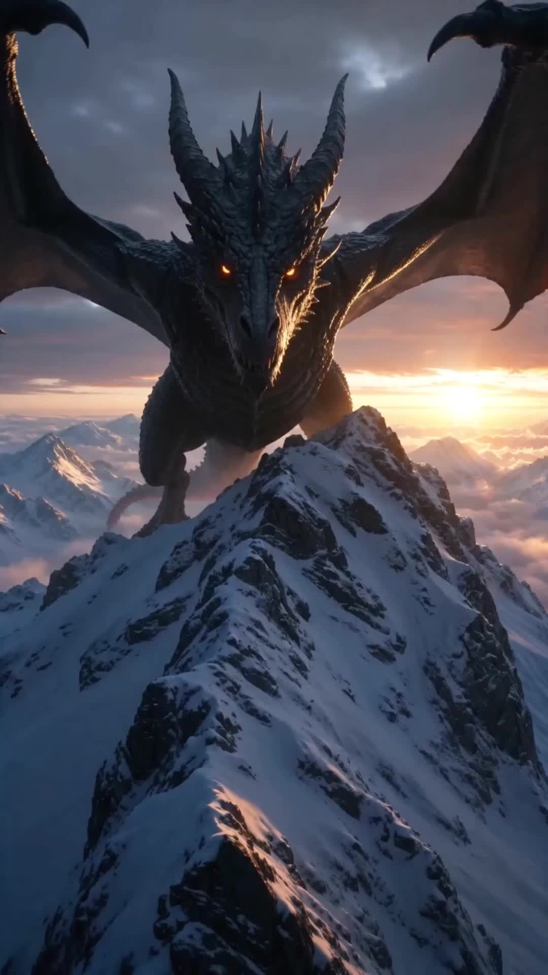 Dragão negro de olhos alaranjados, com as asas abertas e a boca entreaberta, pousado no topo de um pico nevado acima das nuvens, ao pôr do sol