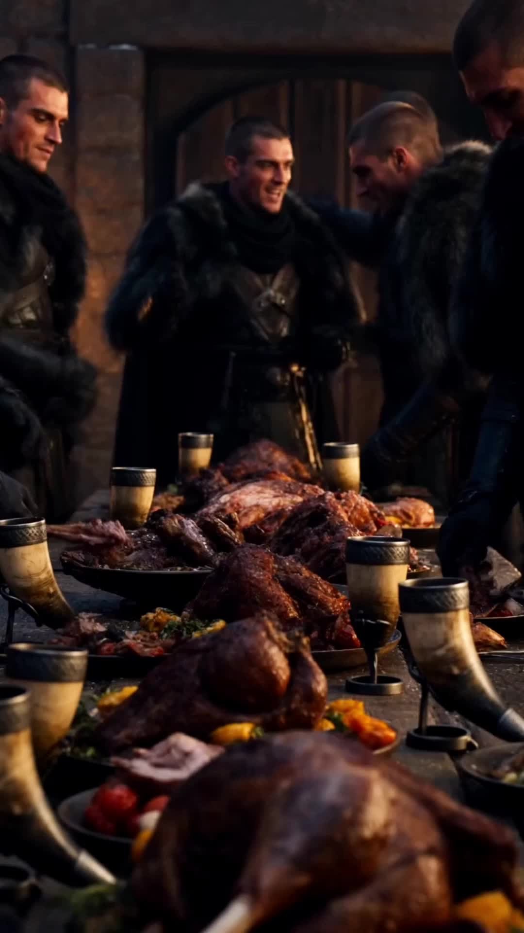 Guerreiros de cabelo raspado, casacos de pele preta e couro, rindo em volta de uma mesa coberta de carne assada, legumes e chifres de beber, num pátio de pedra