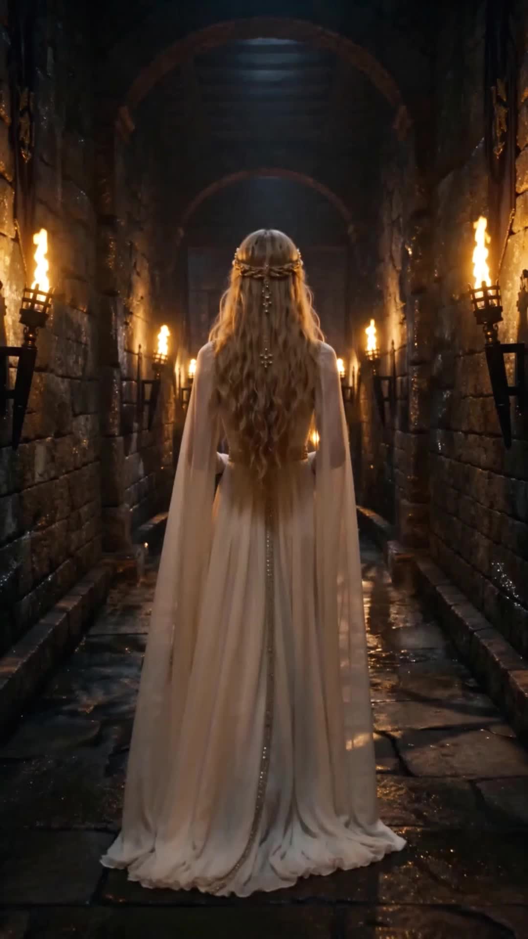 Cassia de costas, de vestido branco comprido com capa transparente e cabelo loiro solto até a cintura preso por uma coroa fina de pérolas, andando por um corredor de pedra molhada iluminado por tochas dos dois lados