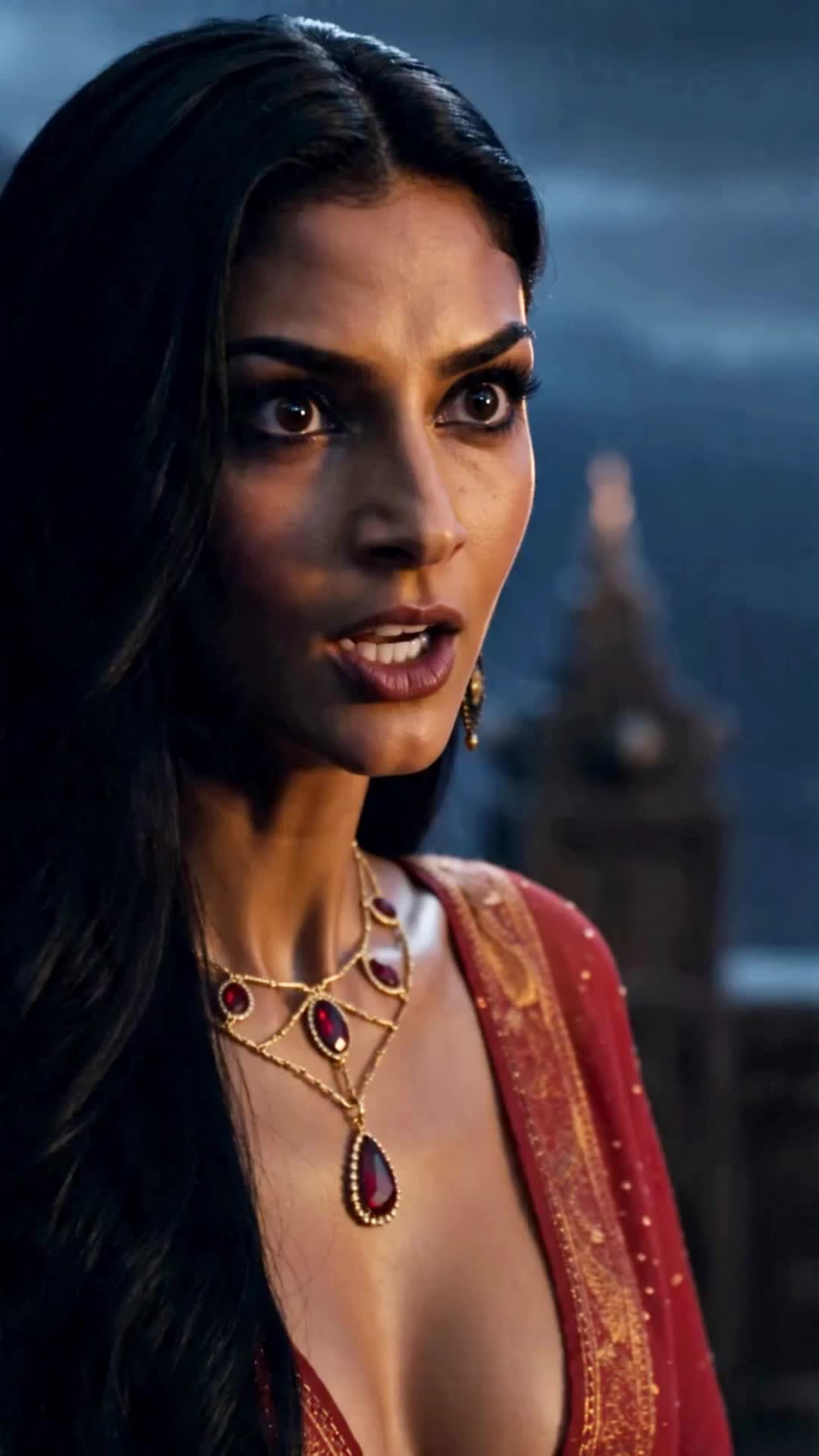 Mulher de cabelo preto liso e vestido vermelho, com colar de ouro e rubis e brinco pendente, de boca aberta e olhos arregalados, diante de uma torre de castelo sob céu nublado