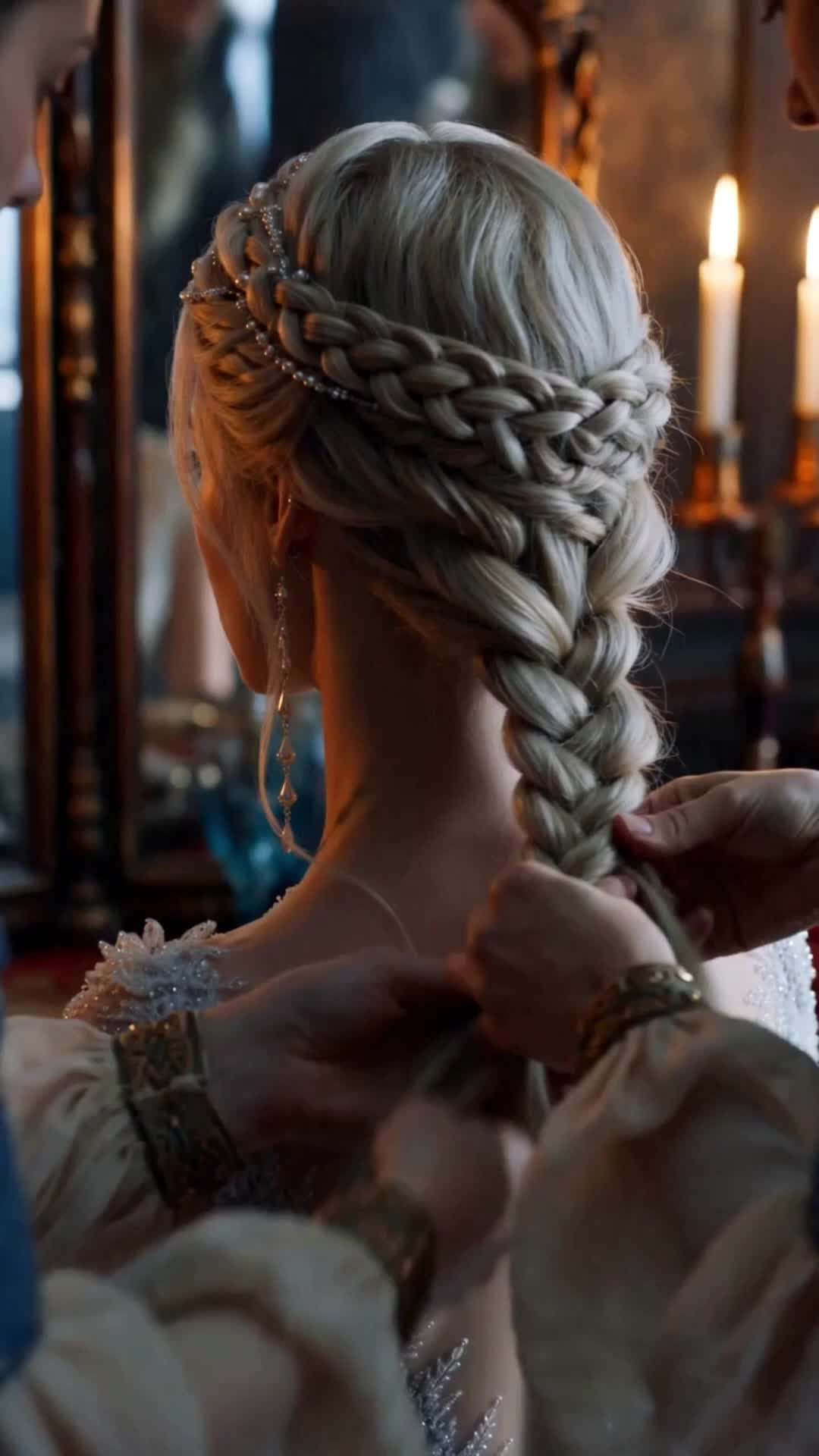 Cassia de costas, com o cabelo loiro trançado em coroa e enfeitado de pérolas, enquanto duas mãos terminam a trança longa; velas acesas e um espelho ao fundo