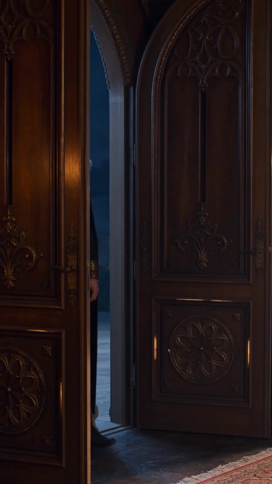 Porta dupla de madeira escura entalhada, entreaberta, com uma figura de roupa escura e punhos dourados parcialmente visível na fresta, contra a luz azul da noite; tapete vermelho no chão